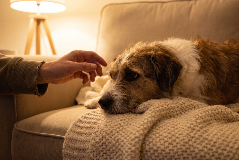 Chien adopté qui approche prudemment sa nouvelle maîtresse