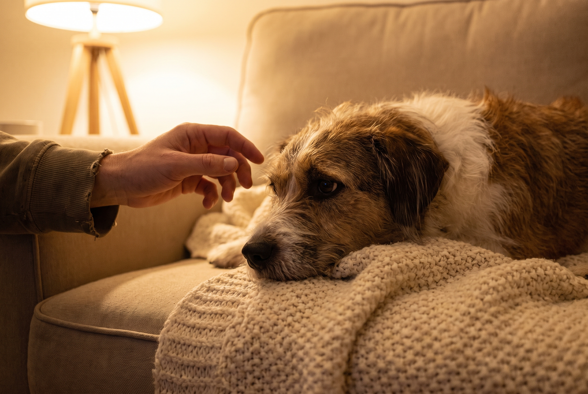 Chien adopté qui approche prudemment sa nouvelle maîtresse