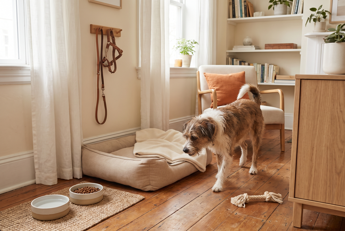 Chien fraîchement adopté allongé sur un tapis dans un salon paisible