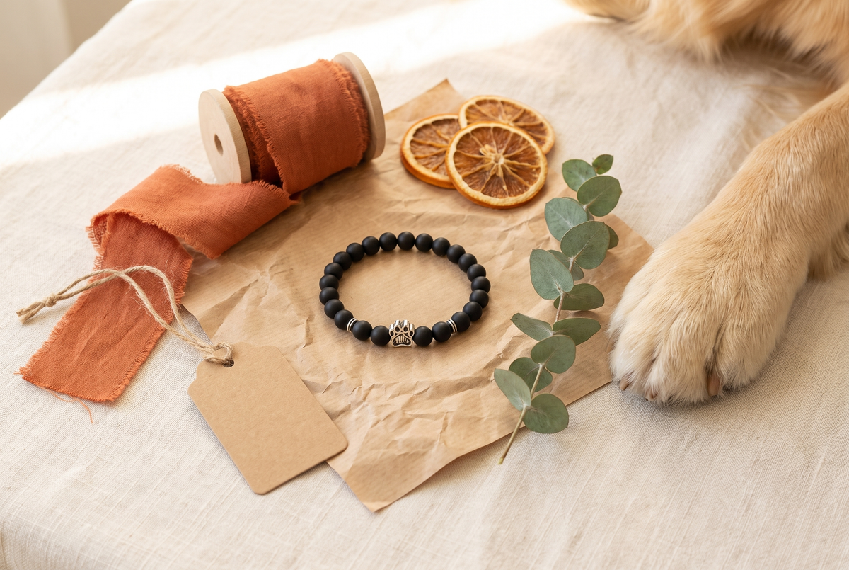 Bracelet avec petite patte emballé en cadeau, avec une patte de chien à côté
