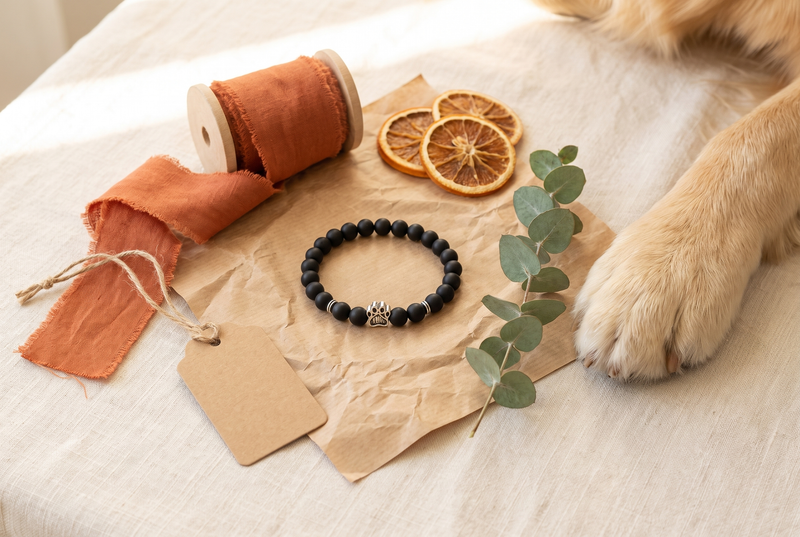 Bracelet avec petite patte emballé en cadeau, avec une patte de chien à côté