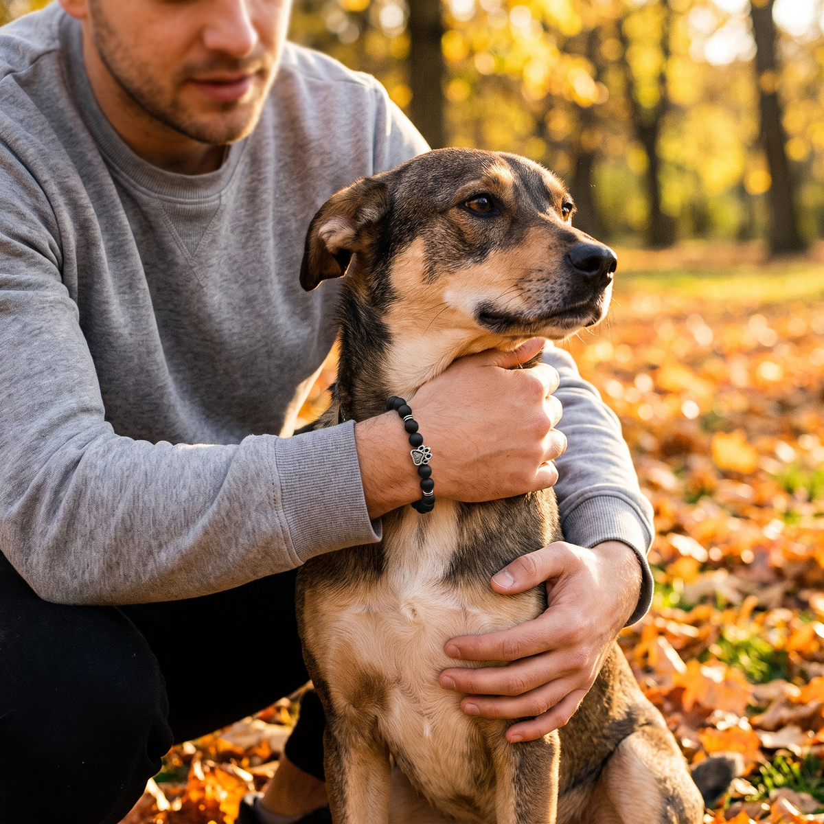 Man met een Pootgenoten-armband knuffelt een hond in een herfstpark